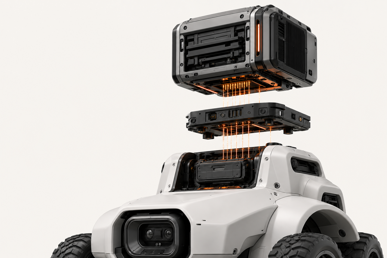 Exploded MODU core, dock and rover assembly